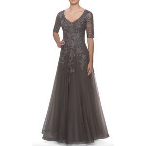 La Femme Lace & Tulle Lace Gown, Size 10 in Gunmetal
